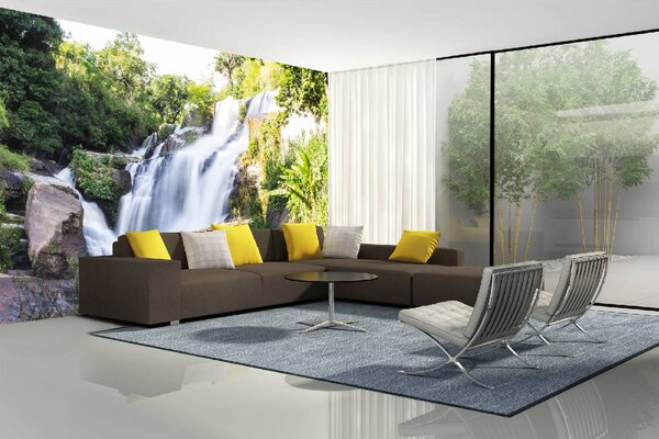 DIMEX | Vliesové fototapety na stenu Vodopád Mae Klang MS-5-3149 | 375 x 250 cm | zelená, biela, šedá