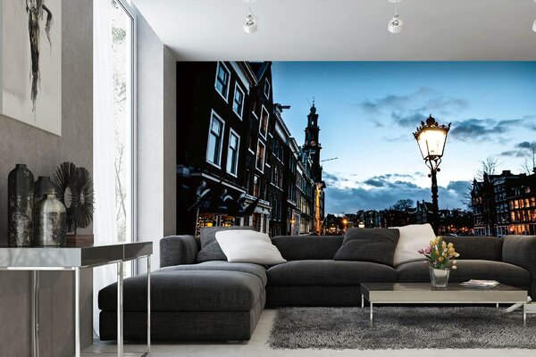 DIMEX | Vliesové fototapety na stenu Amsterdam v noci MS-5-1003 | 375 x 250 cm | modrá, medená, čierna, šedá
