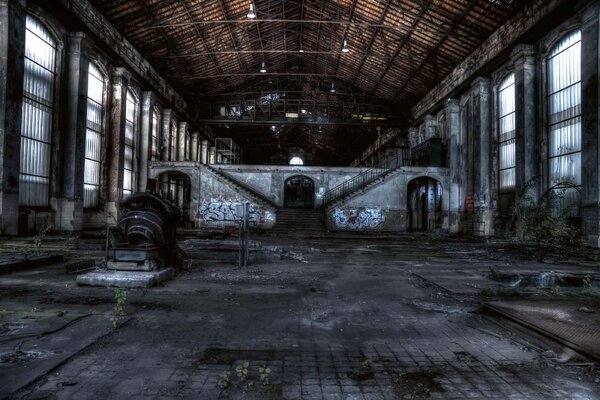 DIMEX | Vliesové fototapety na stenu Schodisko v továrenskej hale MS-5-0875 | 375 x 250 cm | hnedá, šedá