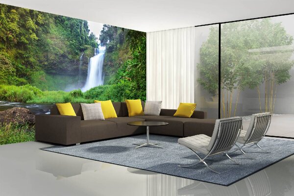 DIMEX | Vliesové fototapety na stenu Krásny lesný vodopád MS-5-1612 | 375 x 250 cm | zelená, biela, hnedá