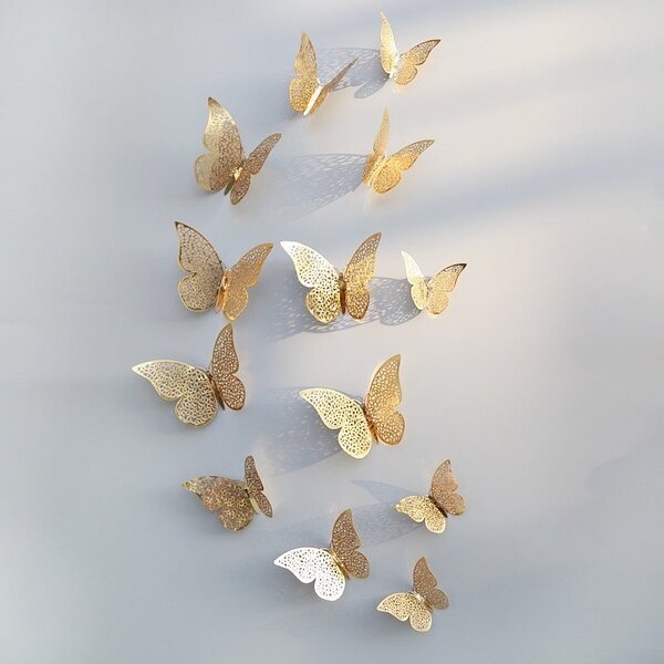 Samolepka na stenu "Metalické Motýle - Zlaté" 12 ks 8-12 cm