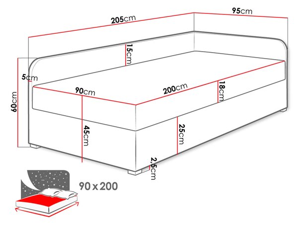 Váľanda 90x200 ALEP - čierna / šedá, pravé prevedenie