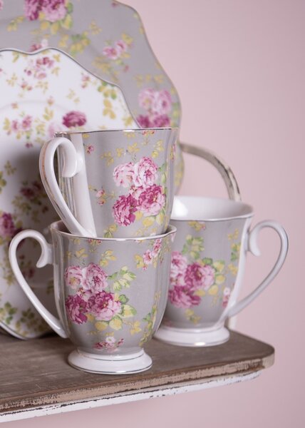 Zelený porcelánový hrnček s kvetmi - 11 * 8 * 10 cm / 290 ml - Clayre & Eef