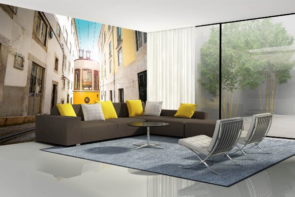 DIMEX | Vliesové fototapety na stenu Električka v Lisabone MS-5-2878 | 375 x 250 cm | biela, žltá, šedá