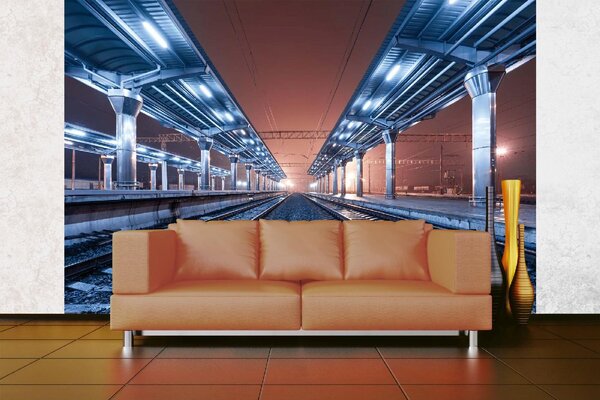 DIMEX | Vliesové fototapety na stenu Vlaková stanica v noci MS-5-2862 | 375 x 250 cm | žltá, metalická, šedá