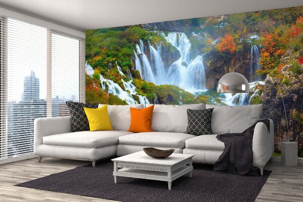 DIMEX | Vliesové fototapety na stenu Plitvické jazerá MS-5-3166 | 375 x 250 cm | zelená, biela, oranžová