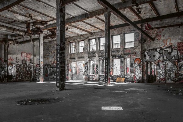 DIMEX | Vliesové fototapety na stenu Opustený sklad MS-5-0844 | 375 x 250 cm | červená, biela, čierna, šedá