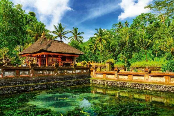 DIMEX | Vliesové fototapety na stenu Tirta Empul MS-5-1164 | 375 x 250 cm | zelená, modrá, žltá, oranžová, hnedá