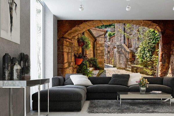 DIMEX | Vliesové fototapety na stenu Klenutá ulica v Toskáne MS-5-1212 | 375 x 250 cm | zelená, červená, hnedá, šedá
