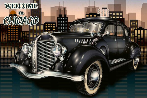 DIMEX | Vliesové fototapety na stenu Chicago retro plagát MS-5-2175 | 375 x 250 cm | biela, čierna, žltá, metalická