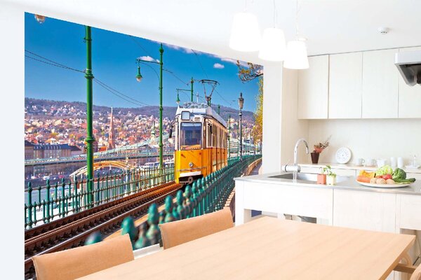DIMEX | Vliesové fototapety na stenu Historická žltá električka MS-5-2880 | 375 x 250 cm | zelená, žltá, šedá