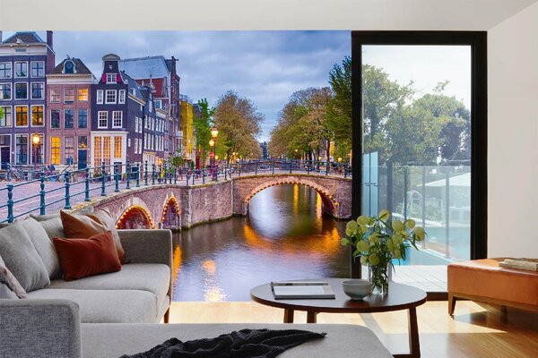 DIMEX | Vliesové fototapety na stenu Amsterdamská panoráma MS-5-0669 | 375 x 250 cm | modrá, žltá, šedá