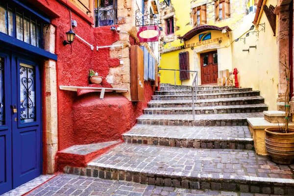 DIMEX | Vliesové fototapety na stenu Mesto Chania MS-5-0733 | 375 x 250 cm | modrá, červená, žltá, šedá