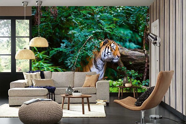 DIMEX | Vliesové fototapety na stenu Tiger v džungli MS-5-0622 | 375 x 250 cm | zelená, čierna, oranžová