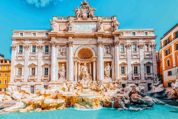DIMEX | Vliesové fototapety na stenu Fontána di Trevi MS-5-1149 | 375 x 250 cm | modrá, béžová, žltá, oranžová