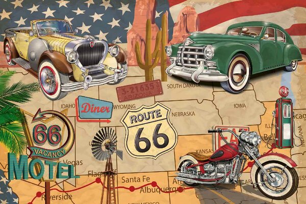 DIMEX | Vliesové fototapety na stenu Route 66 plagát MS-5-2144 | 375 x 250 cm | zelená, červená, žltá, hnedá