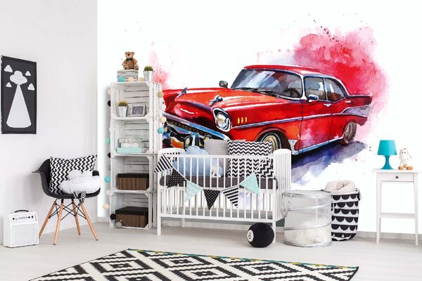 DIMEX | Vliesové fototapety na stenu Ilustrované červené auto MS-5-2176 | 375 x 250 cm | červená, biela, metalická