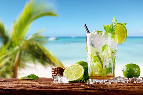 DIMEX | Vliesové fototapety na stenu Mojito na pláži MS-5-1774 | 375 x 250 cm | zelená, modrá, biela, hnedá
