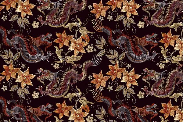 DIMEX | Vliesové fototapety na stenu Vyšívaní draci MS-5-2498 | 375 x 250 cm | červená, fialová, béžová, oranžová, šedá