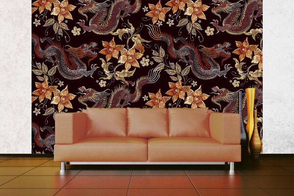 DIMEX | Vliesové fototapety na stenu Vyšívaní draci MS-5-2498 | 375 x 250 cm | červená, fialová, béžová, oranžová, šedá