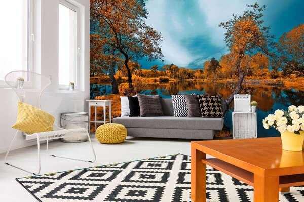 DIMEX | Vliesové fototapety na stenu Rieka na jeseň MS-5-3041 | 375 x 250 cm | modrá, biela, oranžová, hnedá