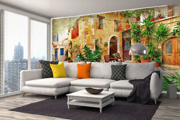 DIMEX | Vliesové fototapety na stenu Stará grécka ulica MS-5-0734 | 375 x 250 cm | zelená, červená, hnedá, šedá