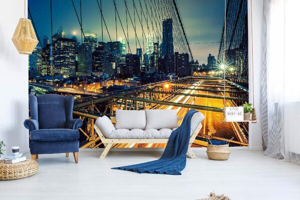 DIMEX | Vliesové fototapety na stenu Brooklynský most v noci MS-5-0766 | 375 x 250 cm | modrá, čierna, žltá