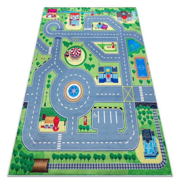 Detský koberec protišmykový BAMBINO 9028 mesto, zelený / sivý