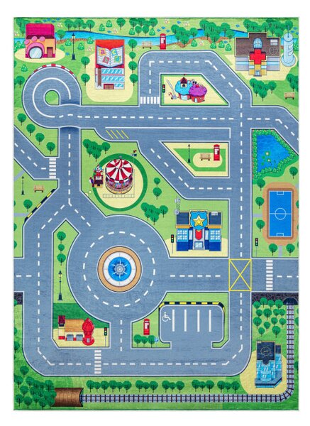 Detský koberec protišmykový BAMBINO 9028 mesto, zelený / sivý