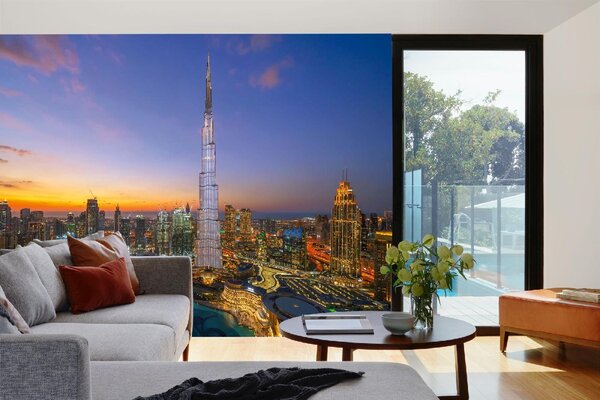 DIMEX | Vliesové fototapety na stenu Burj Chalifa, Dubai MS-5-1214 | 375 x 250 cm | modrá, žltá, oranžová, šedá