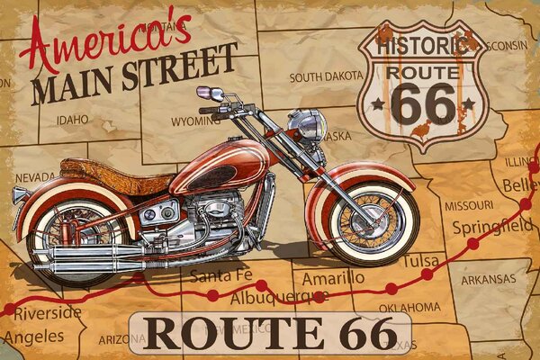 DIMEX | Vliesové fototapety na stenu Plagát motocykel na Route 66 MS-5-2145 | 375 x 250 cm | červená, čierna, hnedá
