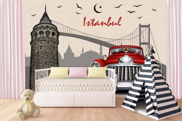 DIMEX | Vliesové fototapety na stenu Istanbul retro plagát MS-5-2177 | 375 x 250 cm | červená, béžová, metalická, šedá