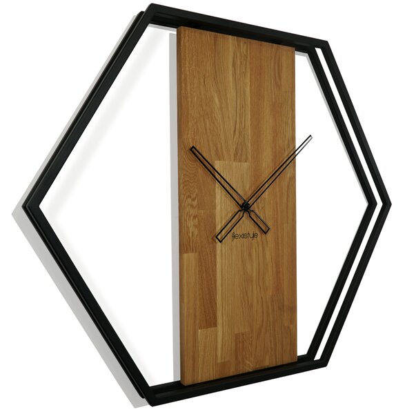 Dekorstudio Kovové hodiny s dubovým drevom LOFT HEXAGON 80cm