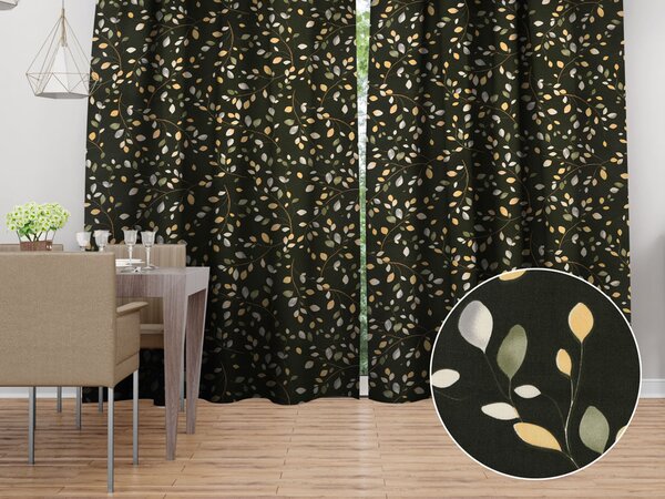 Biante Bavlnený záves Sandra SA-722 Vetvičky s lístkami na tmavo zelenom 150x140 cm