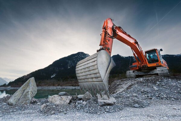 DIMEX | Vliesové fototapety na stenu Oranžové bager MS-5-2707 | 375 x 250 cm | oranžová, šedá