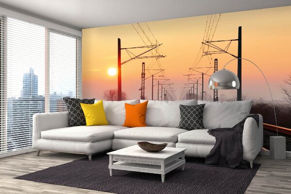 DIMEX | Vliesové fototapety na stenu Železnica pri západe slnka MS-5-2850 | 375 x 250 cm | čierna, žltá, oranžová