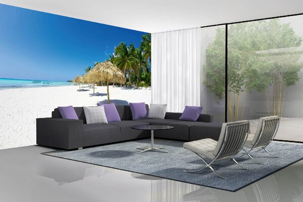 DIMEX | Vliesové fototapety na stenu Pláž s palmami MS-5-3218 | 375 x 250 cm | zelená, modrá, biela