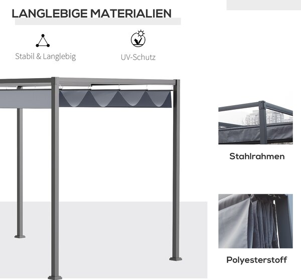 OUTSUNNY Samostatne stojaca kovová pergola so zaťahovacou plátennou strechou 400 x 300 cm sivá