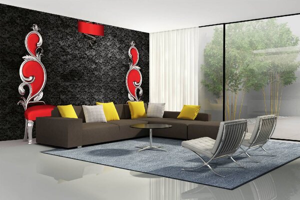 DIMEX | Vliesové fototapety na stenu Dve červené stoličky MS-5-0975 | 375 x 250 cm | červená, čierna