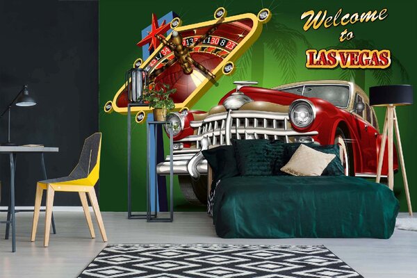DIMEX | Vliesové fototapety na stenu Retro plagát Las Vegas MS-5-2178 | 375 x 250 cm | zelená, modrá, červená, žltá, metalická
