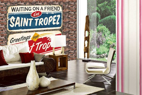 DIMEX | Vliesové fototapety na stenu Ceduľa - Saint-Tropez MS-5-2146 | 375 x 250 cm | modrá, červená, béžová, žltá
