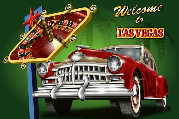 DIMEX | Vliesové fototapety na stenu Retro plagát Las Vegas MS-5-2178 | 375 x 250 cm | zelená, modrá, červená, žltá, metalická