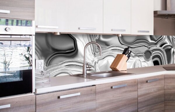 DIMEX | Fototapeta do kuchyne Tekutá chrómová strieborná KI-260-101 | 260 x 60 cm | biela, šedá