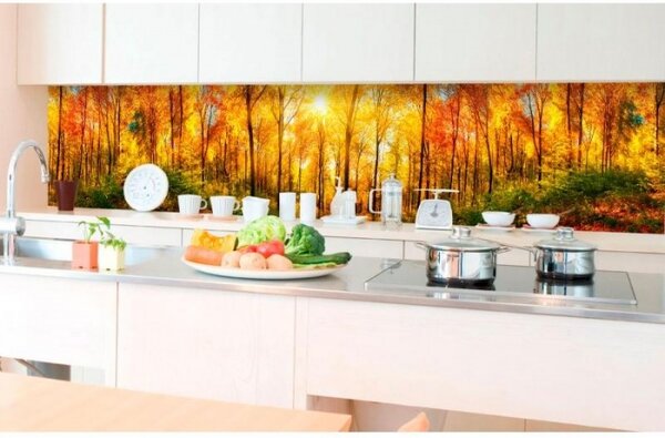 DIMEX | Fototapeta do kuchyne Slnečný les KI-350-084 | 350 x 60 cm | zelená, žltá, oranžová