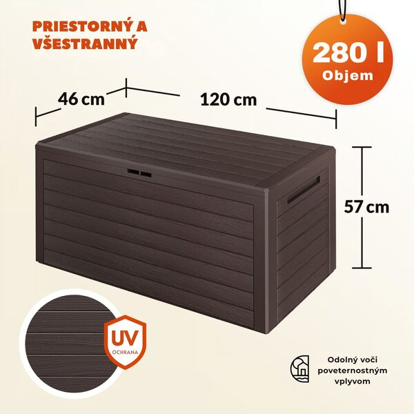 Úložný box WOODEBOX - 280L, 120x46x57cm, tmavo hnedá Prosperplast