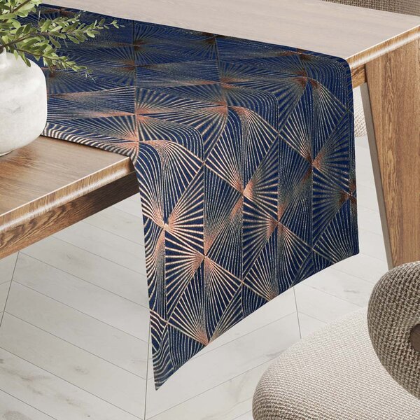 Biante Zamatový behúň na stôl Isabela IBL-011 Rose Gold trojuholníky na kráľovsky modrom 20x120 cm