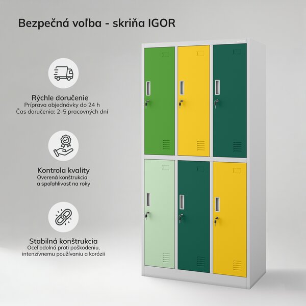 Šatníková skriňa BHP sivo-zeleno-žltá, 6-dverová: IGOR, 900 x 1850 x 450 mm