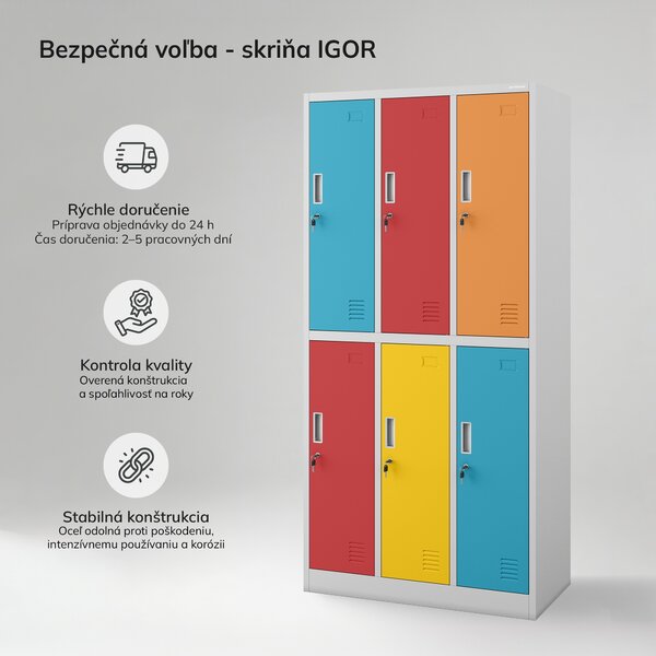 Šatníková skriňa BHP sivo-viacfarebná, 6-dverová: IGOR, 900 x 1850 x 450 mm