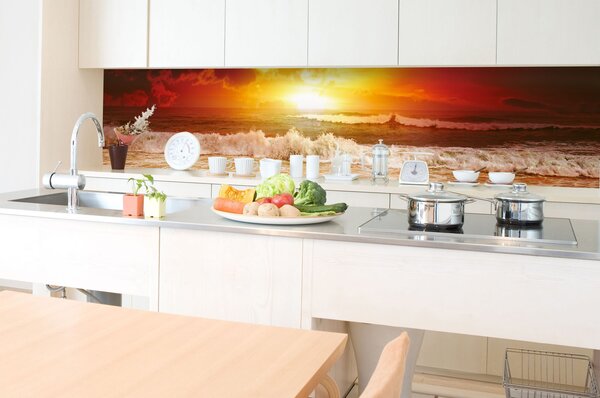 DIMEX | Fototapeta do kuchyne Vlny v západe slnka KI-350-204 | 350 x 60 cm | červená, oranžová, hnedá, žltá