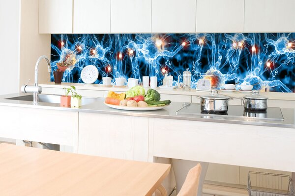 DIMEX | Fototapeta do kuchyne Nervové synapsie KI-350-238 | 350 x 60 cm | modrá, čierna, oranžová